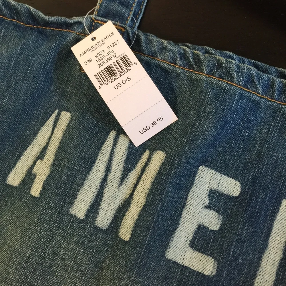 American Eagle Blue Denim Graphic Stenciled Shoulder Tote Bag NWT